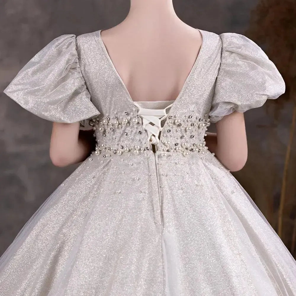 Jill Wish Luxury Silver Flower Girl Dresses Beading Pearls J033