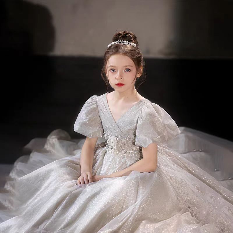 Jill Wish Luxury Silver Flower Girl Dresses Beading Pearls J033