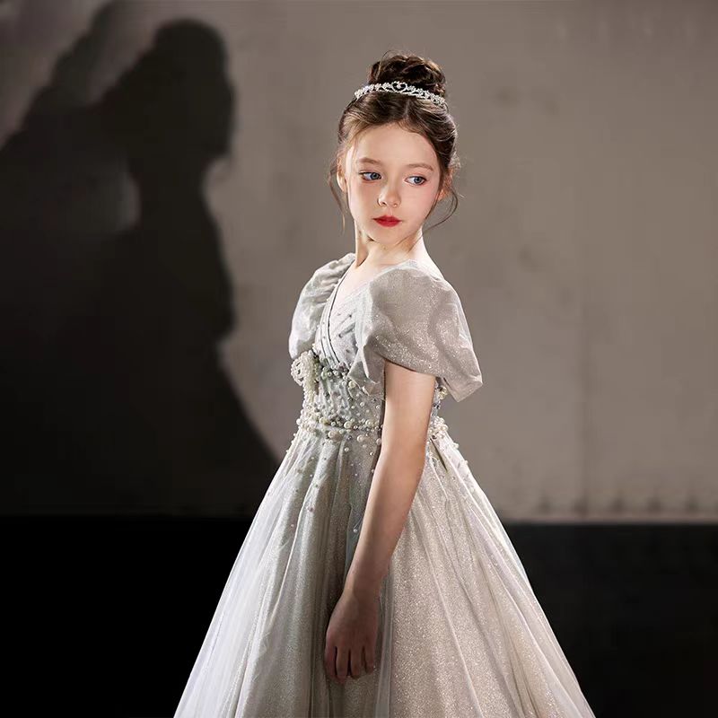 Jill Wish Luxury Silver Flower Girl Dresses Beading Pearls J033