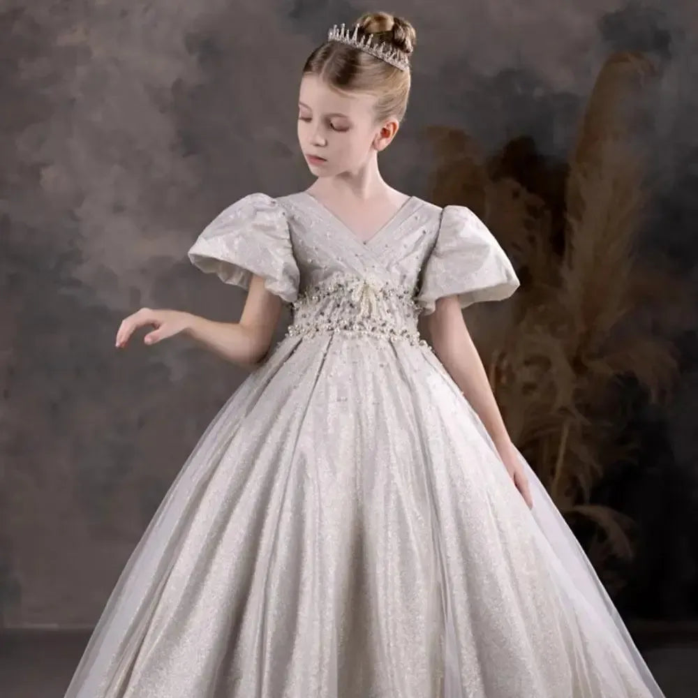 Jill Wish Luxury Silver Flower Girl Dresses Beading Pearls J033