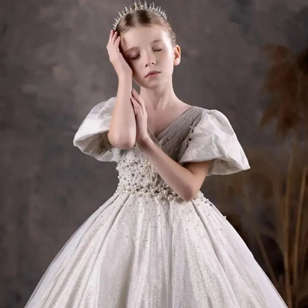 Jill Wish Luxury Silver Flower Girl Dresses Beading Pearls J033