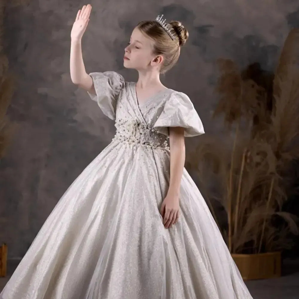 Jill Wish Luxury Silver Flower Girl Dresses Beading Pearls J033
