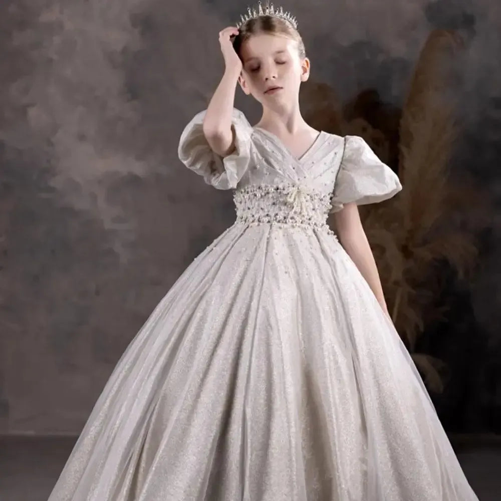 Jill Wish Luxury Silver Flower Girl Dresses Beading Pearls J033