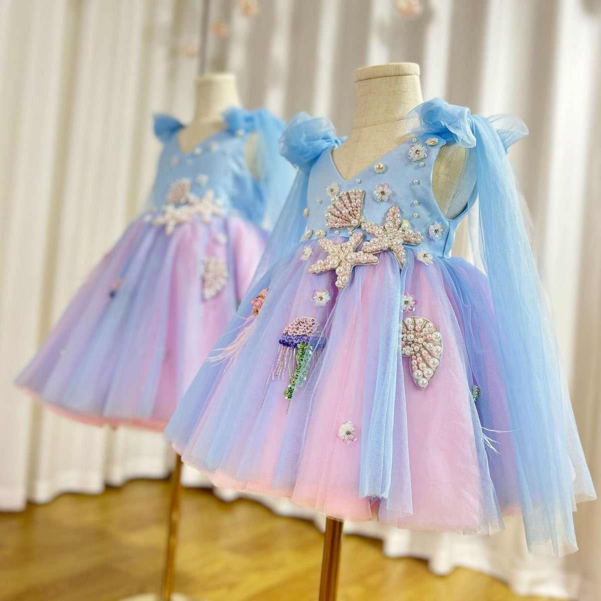 Jill Wish Luxury Sky Blue Baby Flower Girl Dresses Beaded Arab Pearls Princess J072