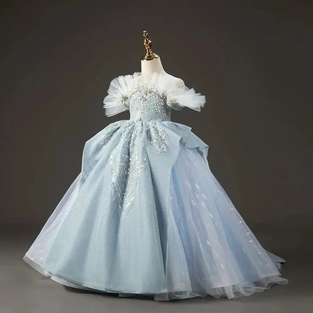 Jill Wish Luxury Sky Blue Flower Girl Dresses with Pearls Beading Arabic J014