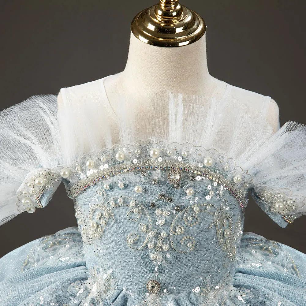 Jill Wish Luxury Sky Blue Flower Girl Dresses with Pearls Beading Arabic J014