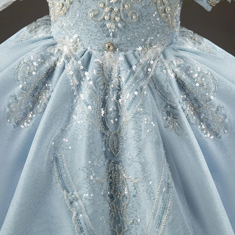 Jill Wish Luxury Sky Blue Flower Girl Dresses with Pearls Beading Arabic J014