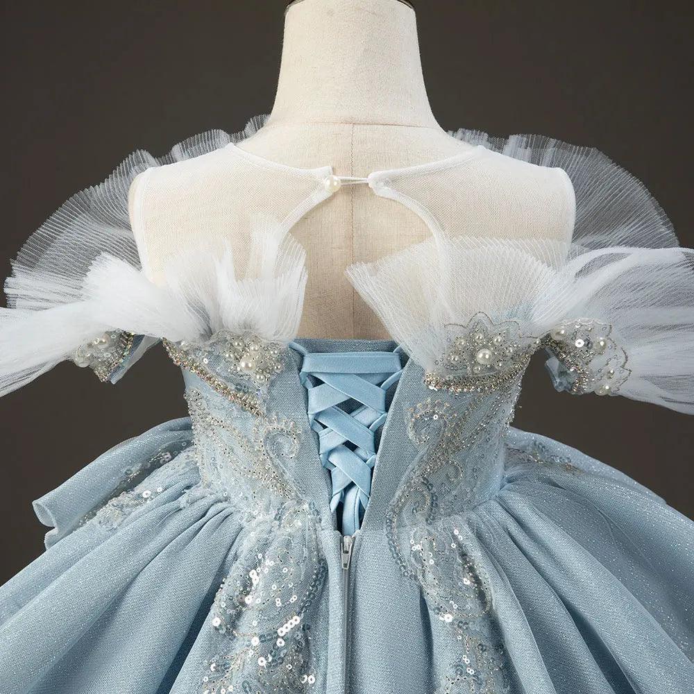 Jill Wish Luxury Sky Blue Flower Girl Dresses with Pearls Beading Arabic J014