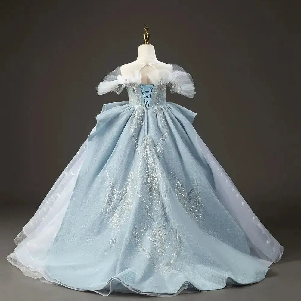 Jill Wish Luxury Sky Blue Flower Girl Dresses with Pearls Beading Arabic J014