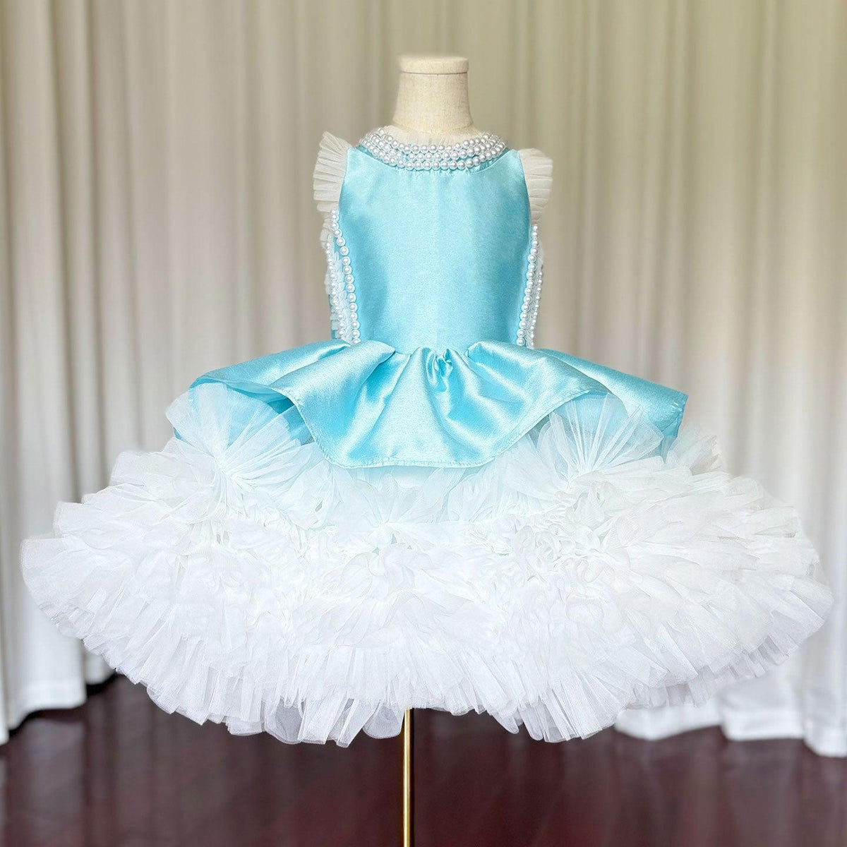 Jill Wish Luxury Sky Blue Girl Dress Pearls Baby Kids Princess J027