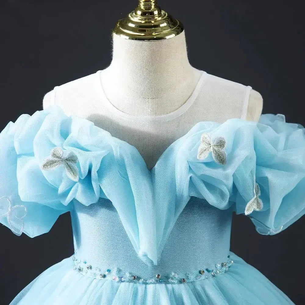 Jill Wish Luxury Sky Blue Girl Dresses Off The Shoulder with Bowknot J034