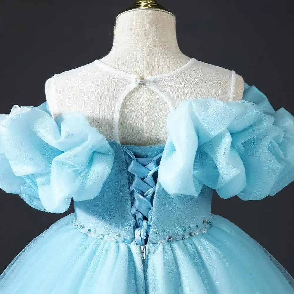 Jill Wish Luxury Sky Blue Girl Dresses Off The Shoulder with Bowknot J034
