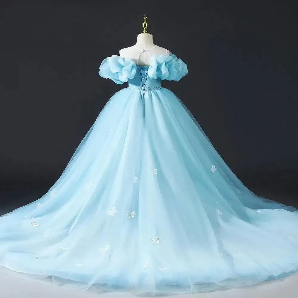 Jill Wish Luxury Sky Blue Girl Dresses Off The Shoulder with Bowknot J034