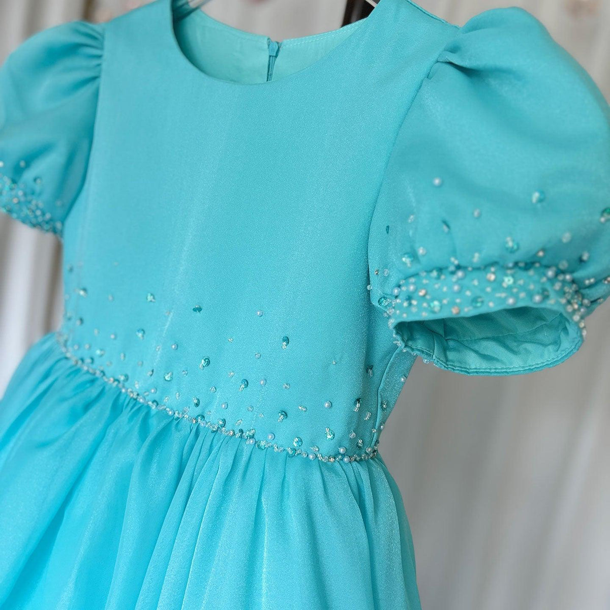 Jill Wish Luxury Turquoise Dubai Girl Dress Beaded Feathers J380