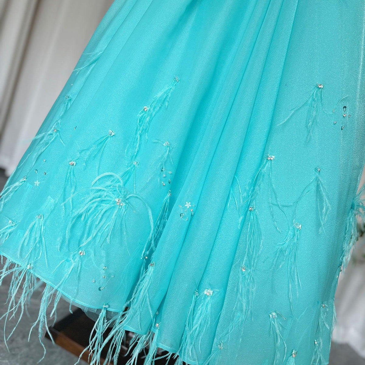Jill Wish Luxury Turquoise Dubai Girl Dress Beaded Feathers J380
