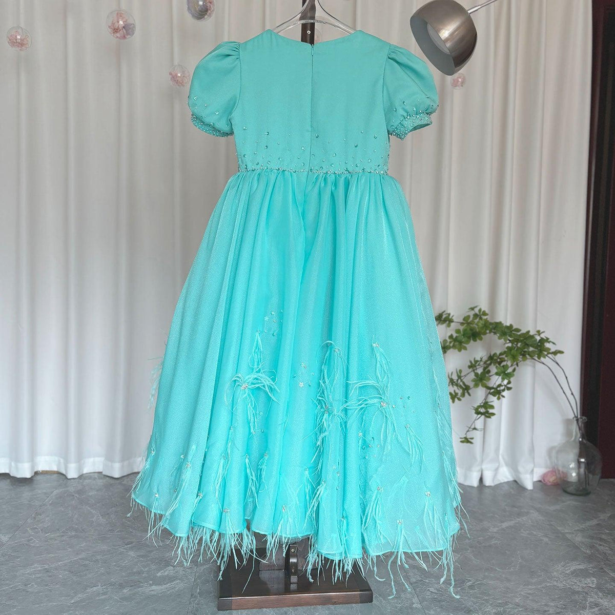 Jill Wish Luxury Turquoise Dubai Girl Dress Beaded Feathers J380