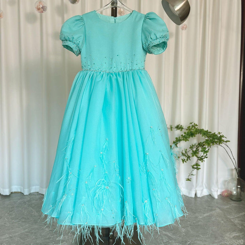 Jill Wish Luxury Turquoise Dubai Girl Dress Beaded Feathers J380