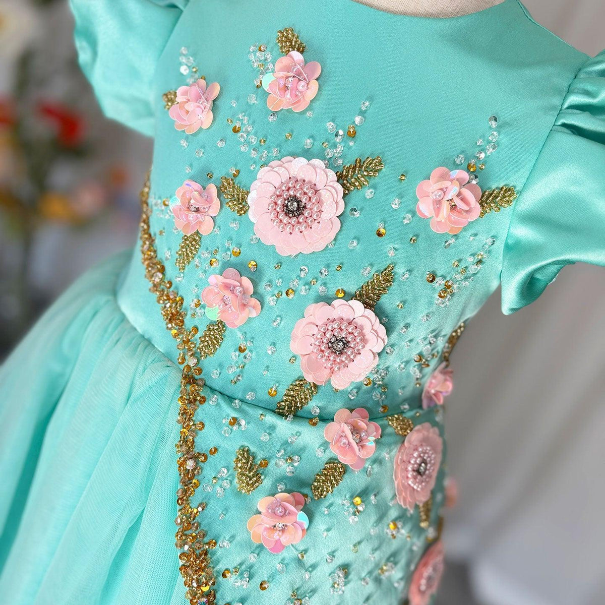 Jill Wish Luxury Turquoise Girl Dress Beadeds Arabic Princess Kids J143