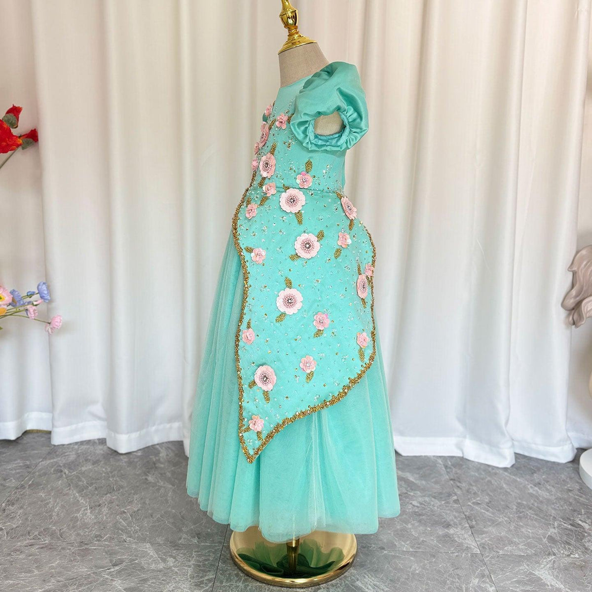Jill Wish Luxury Turquoise Girl Dress Beadeds Arabic Princess Kids J143