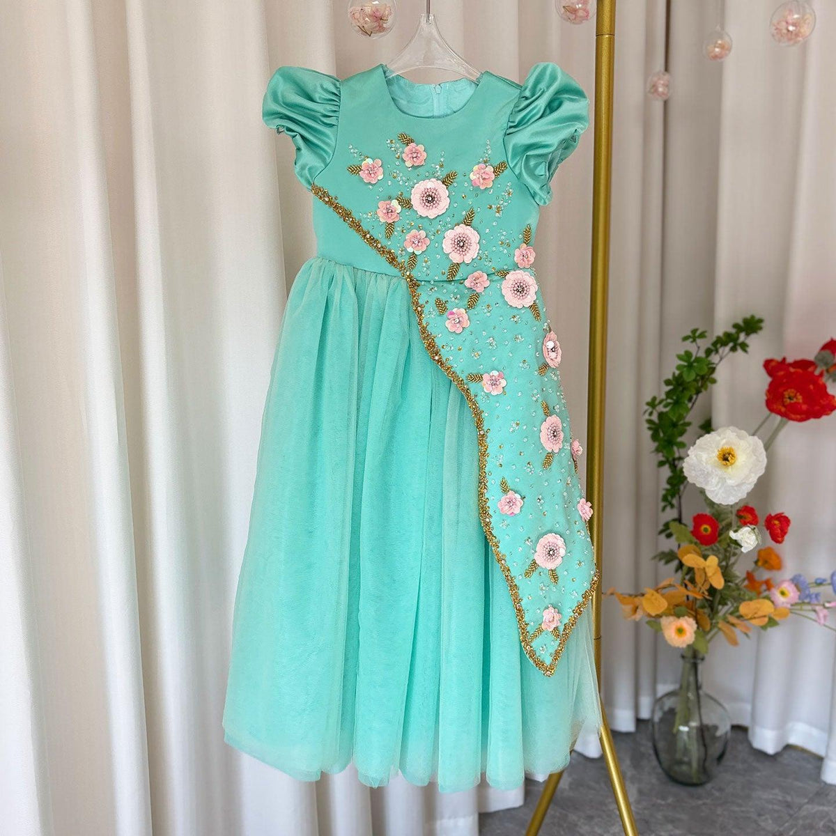 Jill Wish Luxury Turquoise Girl Dress Beadeds Arabic Princess Kids J143