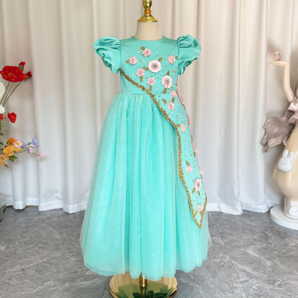 Jill Wish Luxury Turquoise Girl Dress Beadeds Arabic Princess Kids J143