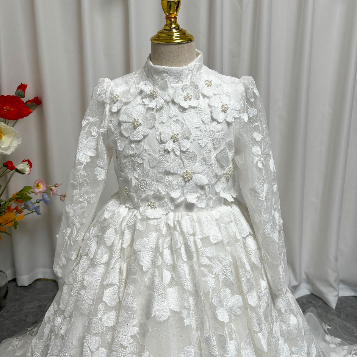 Jill Wish Luxury White Girl Dress 3D Flowers Princess Dubai Kids J293