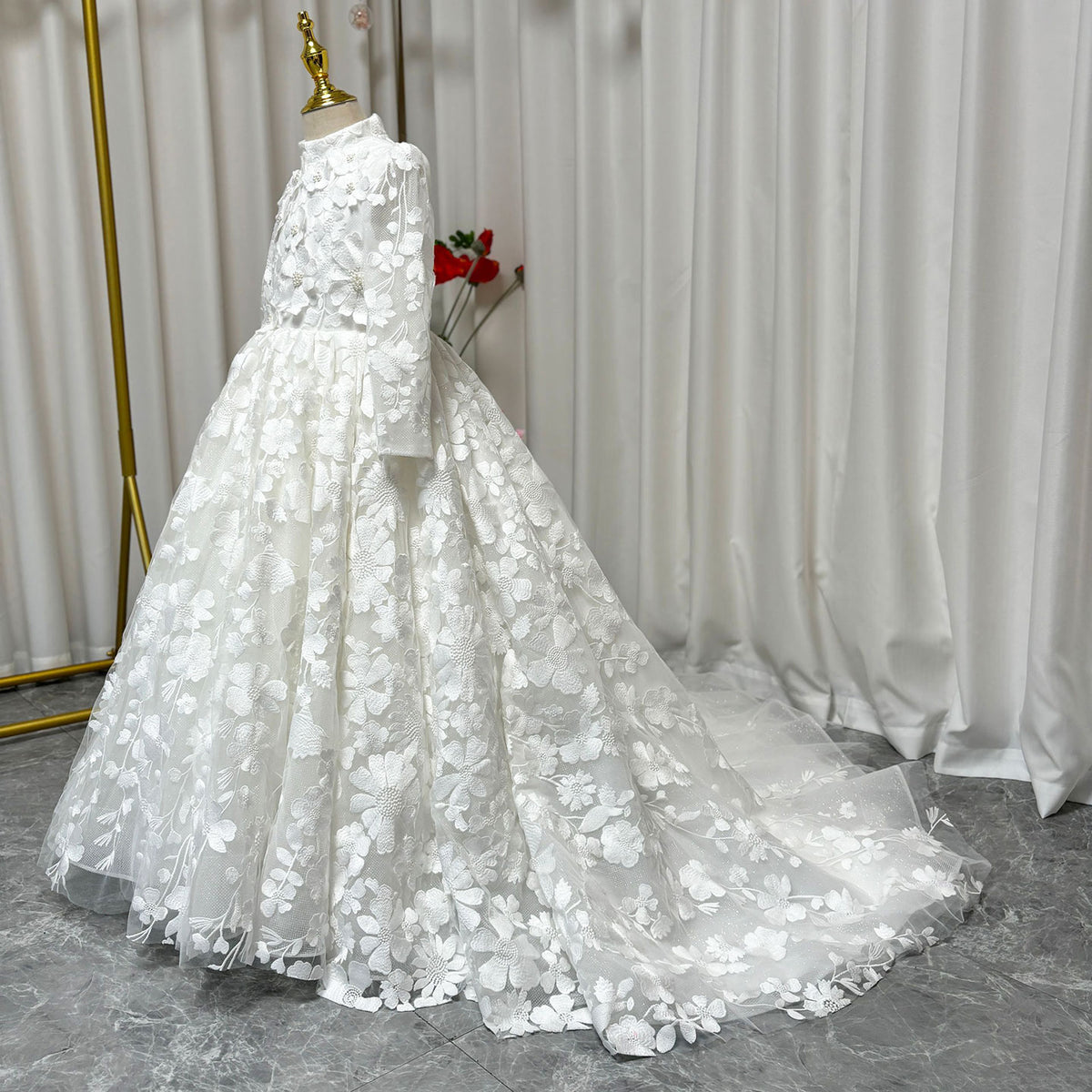 Jill Wish Luxury White Girl Dress 3D Flowers Princess Dubai Kids J293