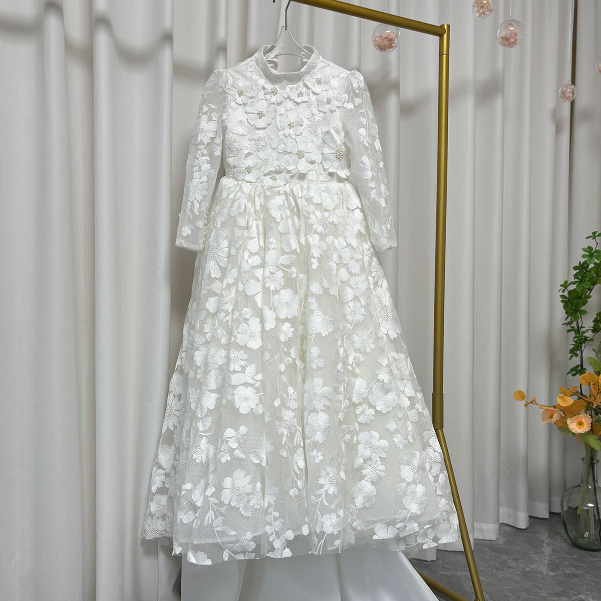 Jill Wish Luxury White Girl Dress 3D Flowers Princess Dubai Kids J293