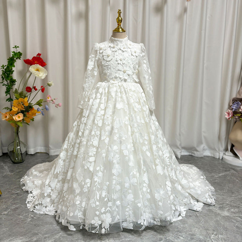 Jill Wish Luxury White Girl Dress 3D Flowers Princess Dubai Kids J293