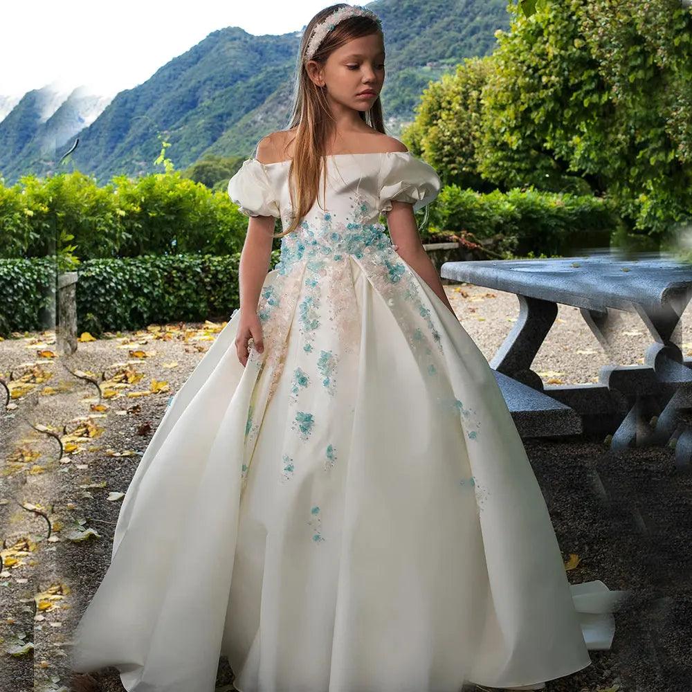 Jill Wish Luxury White Girl Dress 3D Flowers Princess Dubai Kids J295