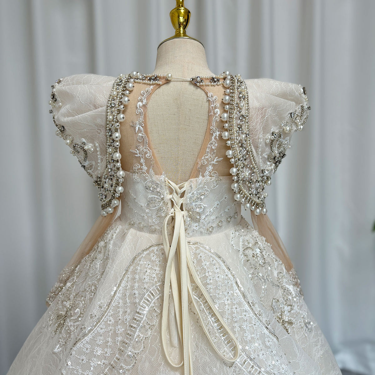 Jill Wish Luxury White Girl Dress Beaded Pearls Dubai Kids Princess J112