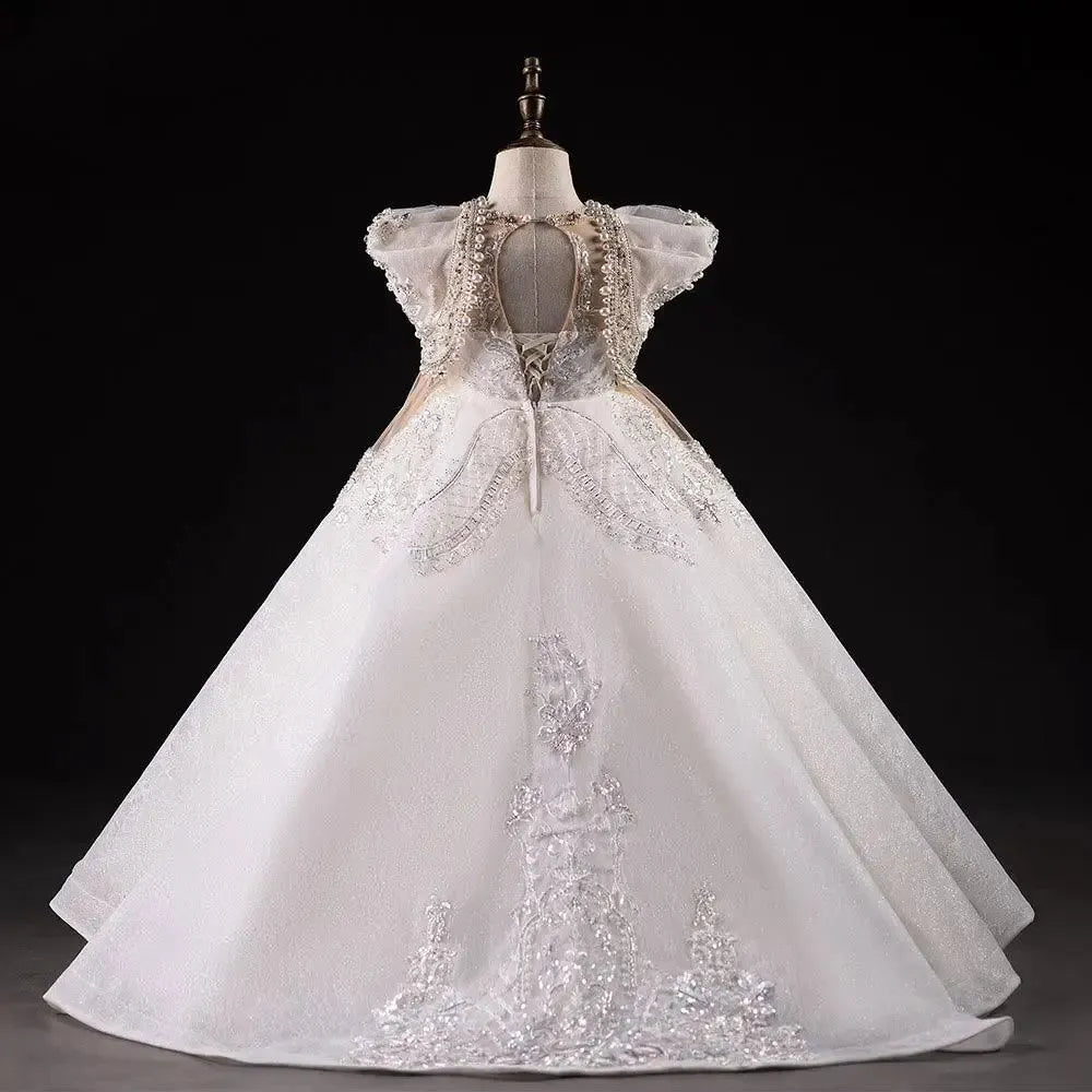 Jill Wish Luxury White Girl Dress Beaded Pearls Dubai Kids Princess J112