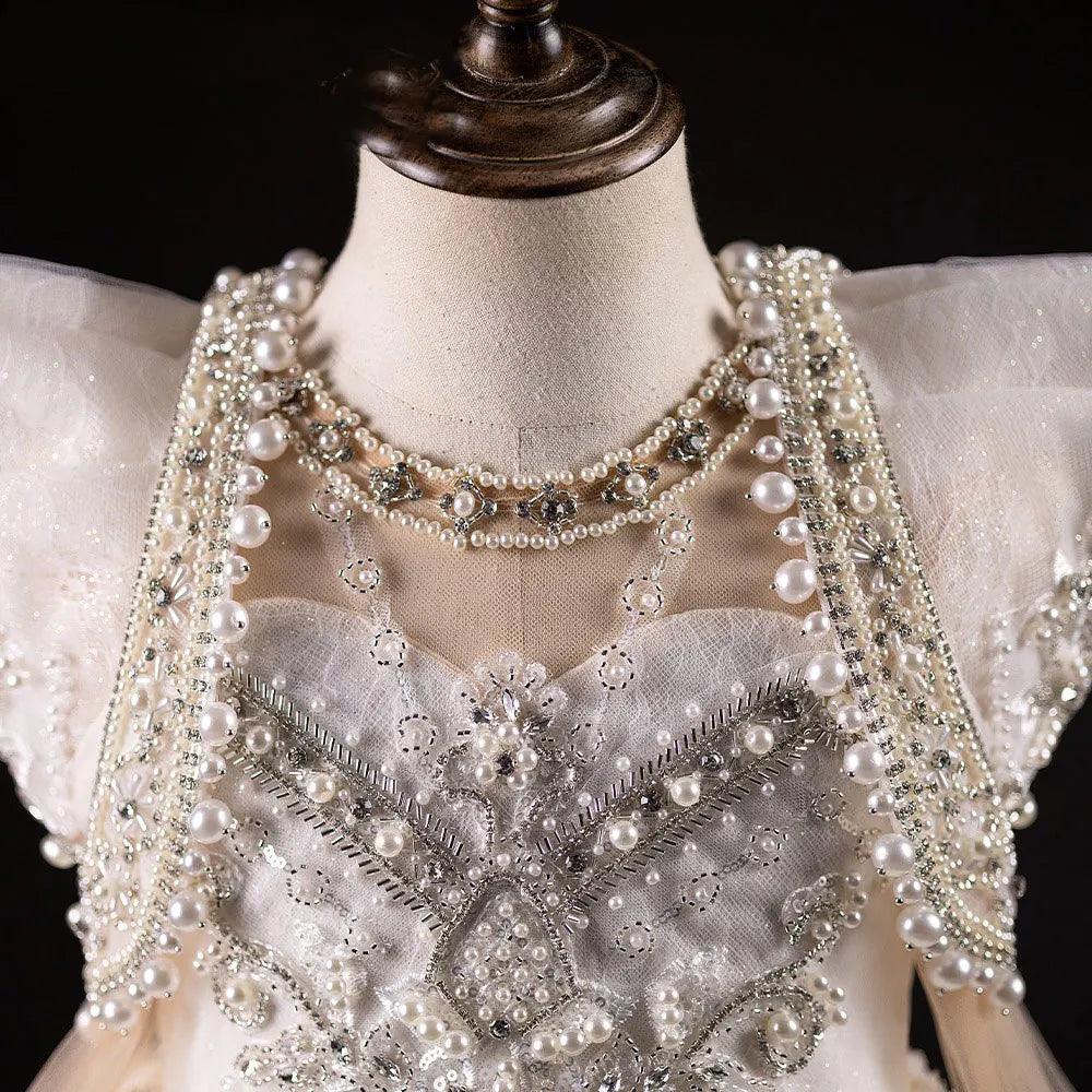 Jill Wish Luxury White Girl Dress Beaded Pearls Dubai Kids Princess J112