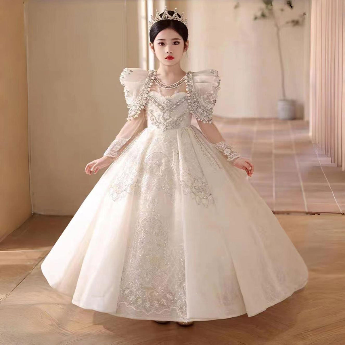 Jill Wish Luxury White Girl Dress Beaded Pearls Dubai Kids Princess J112