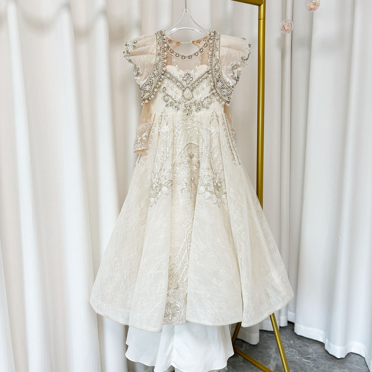Jill Wish Luxury White Girl Dress Beaded Pearls Dubai Kids Princess J112
