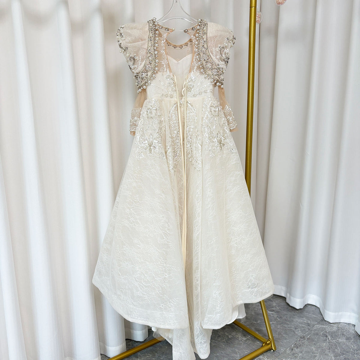 Jill Wish Luxury White Girl Dress Beaded Pearls Dubai Kids Princess J112