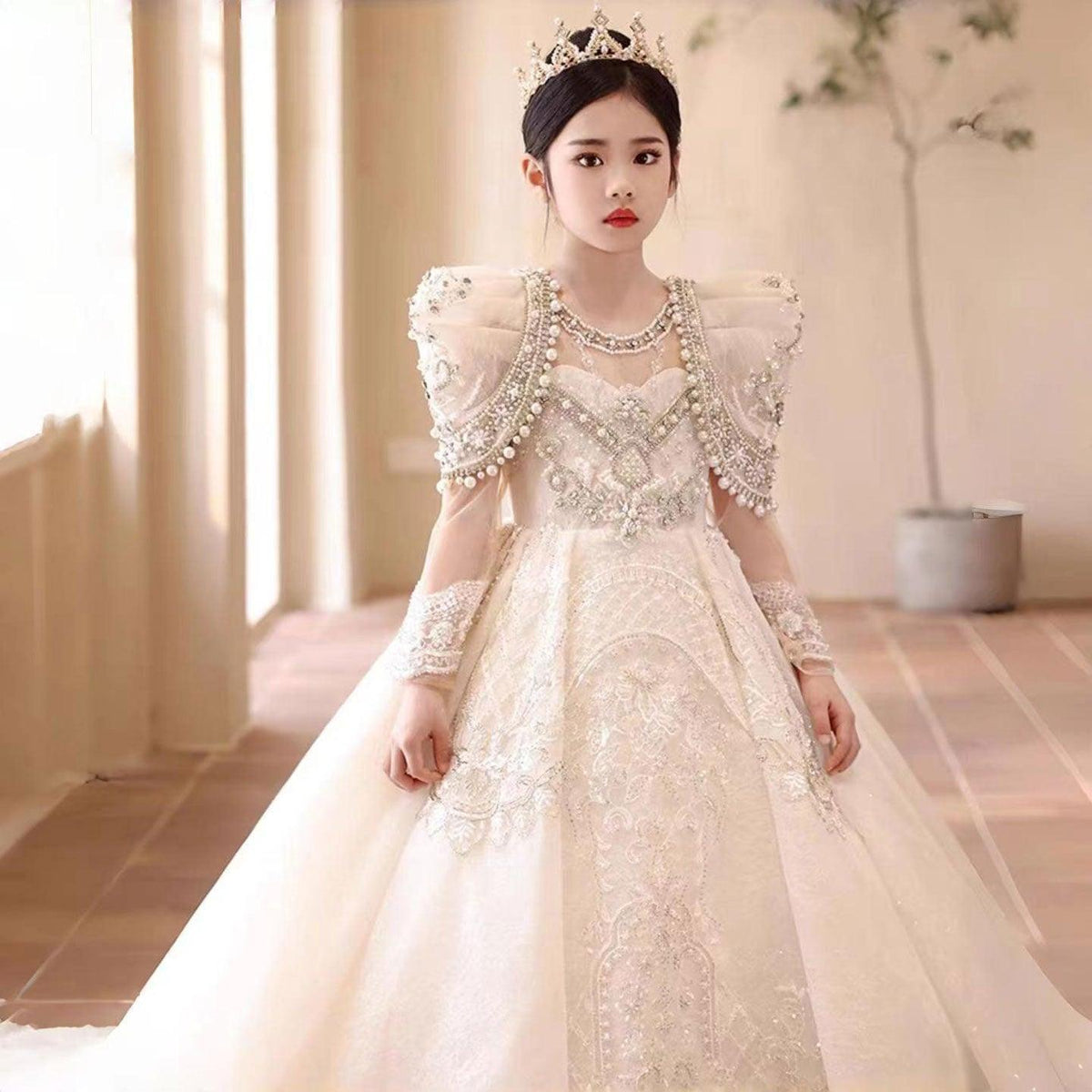 Jill Wish Luxury White Girl Dress Beaded Pearls Dubai Kids Princess J112