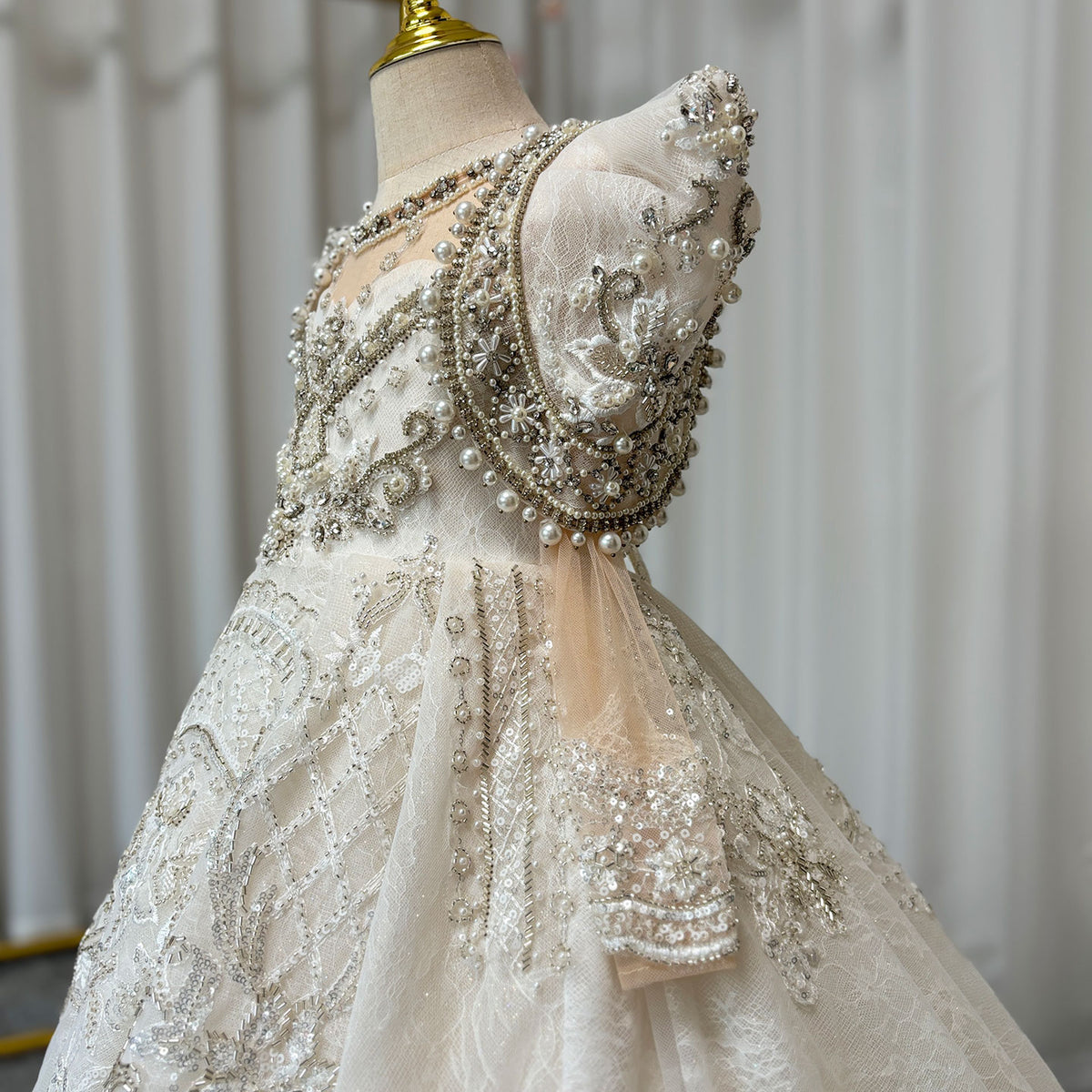 Jill Wish Luxury White Girl Dress Beaded Pearls Dubai Kids Princess J112