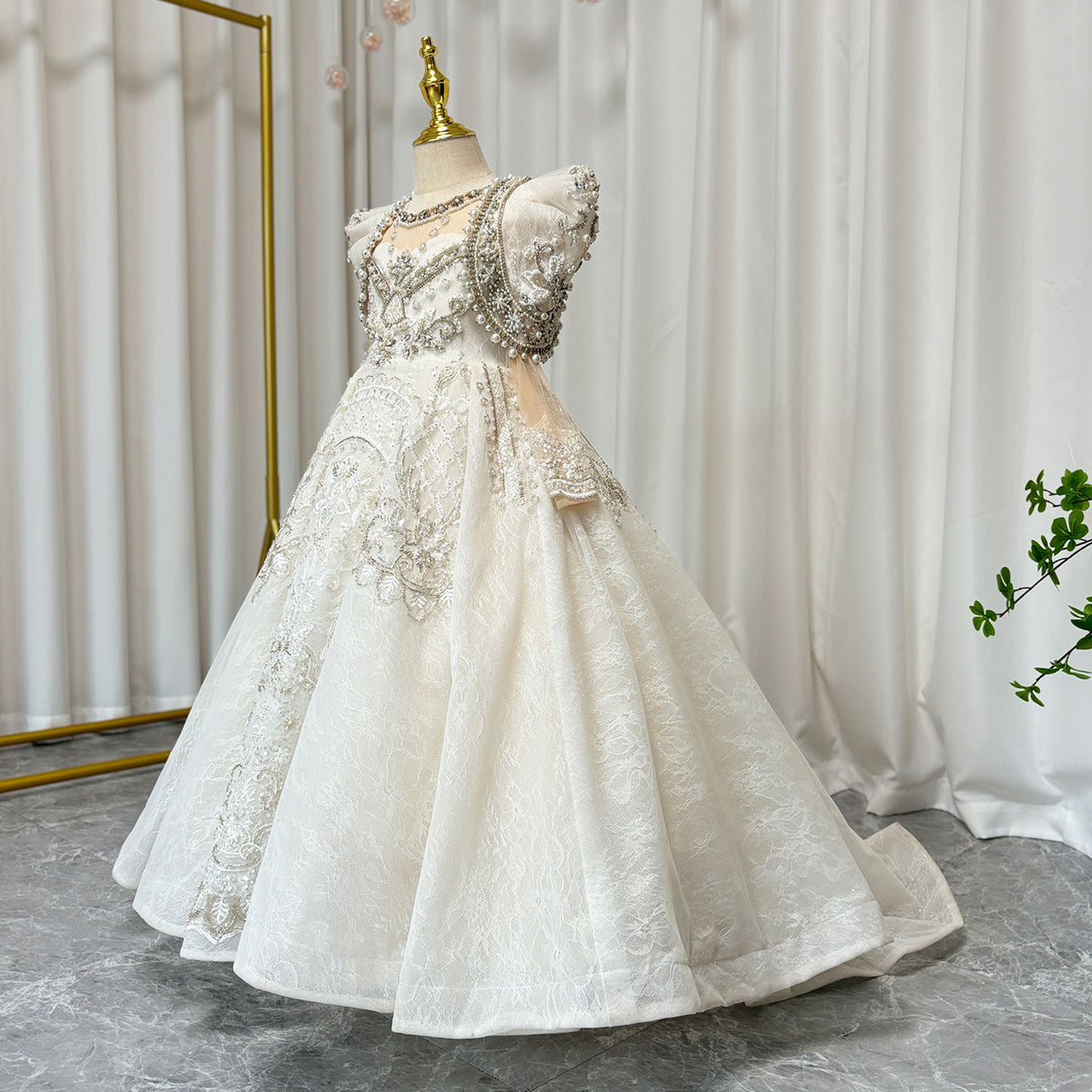 Jill Wish Luxury White Girl Dress Beaded Pearls Dubai Kids Princess J112