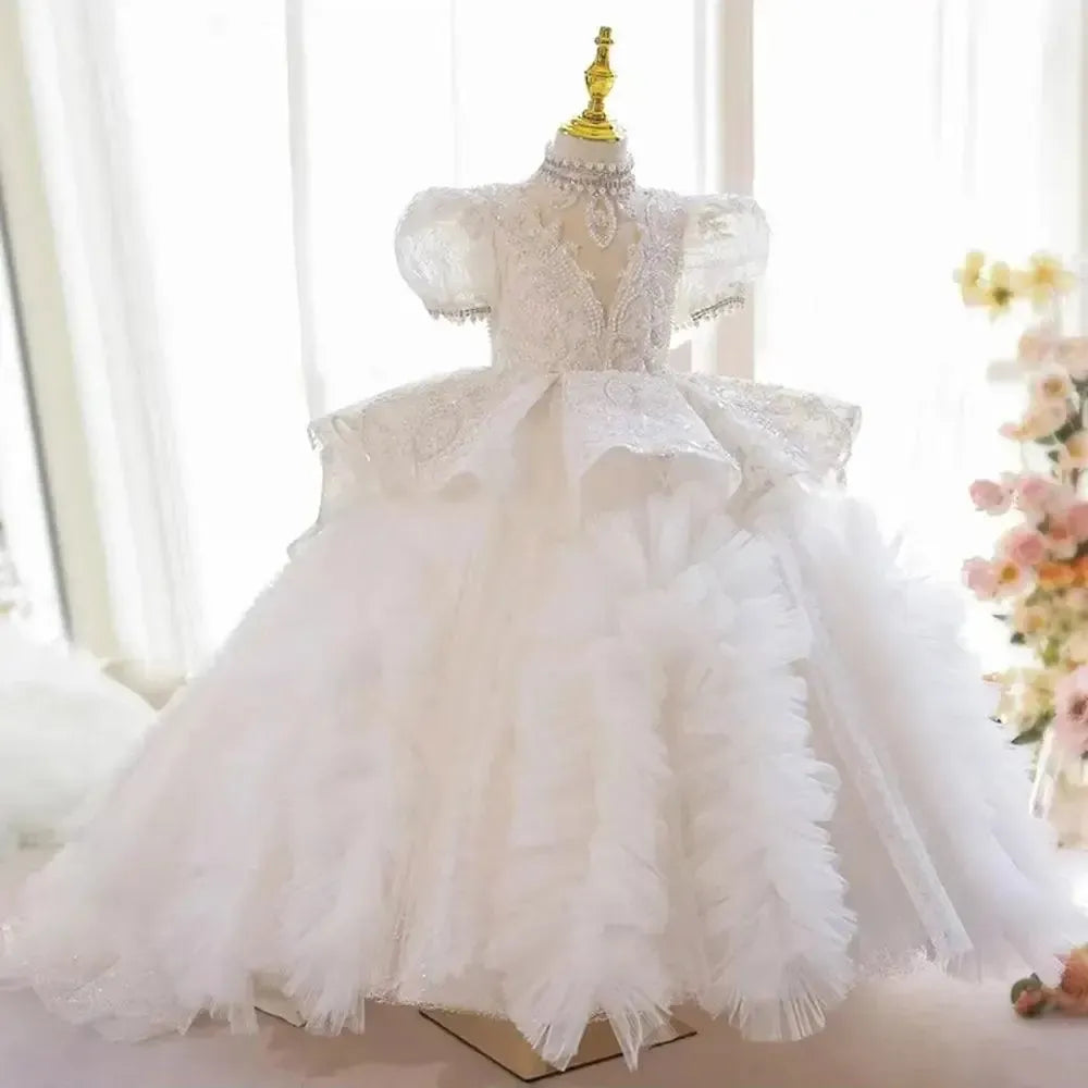 Jill Wish Luxury White Girl Dress Beaded Pearls Dubai Kids Princess J216