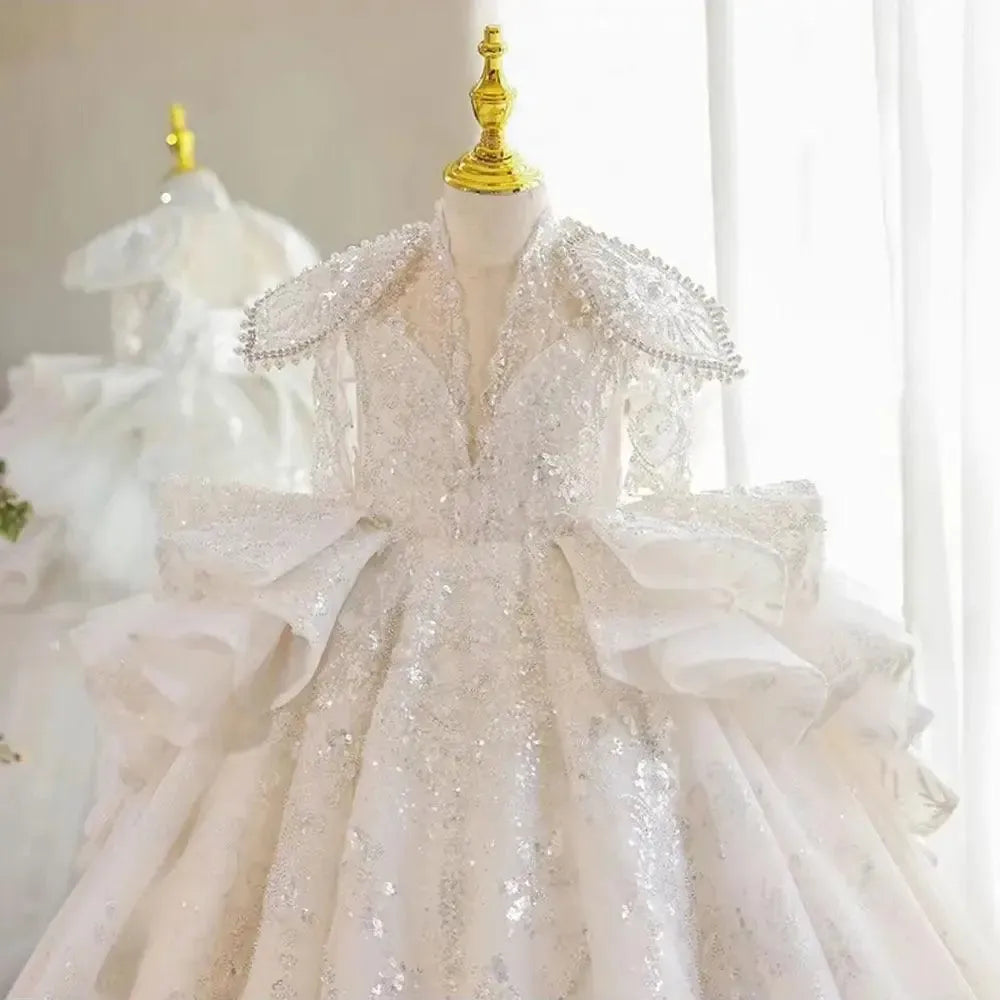 Jill Wish Luxury White Girl Dress Beaded Sequined Dubai Kids Princess J213