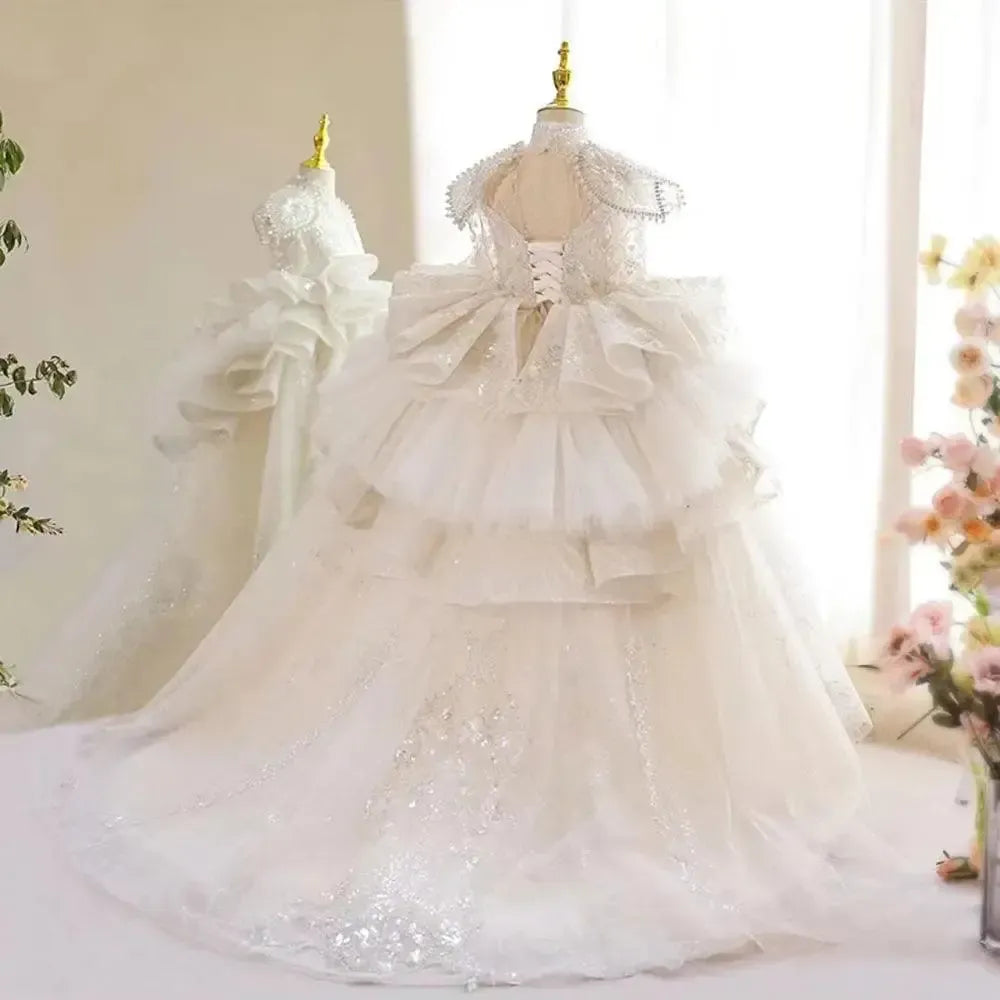 Jill Wish Luxury White Girl Dress Beaded Sequined Dubai Kids Princess J213