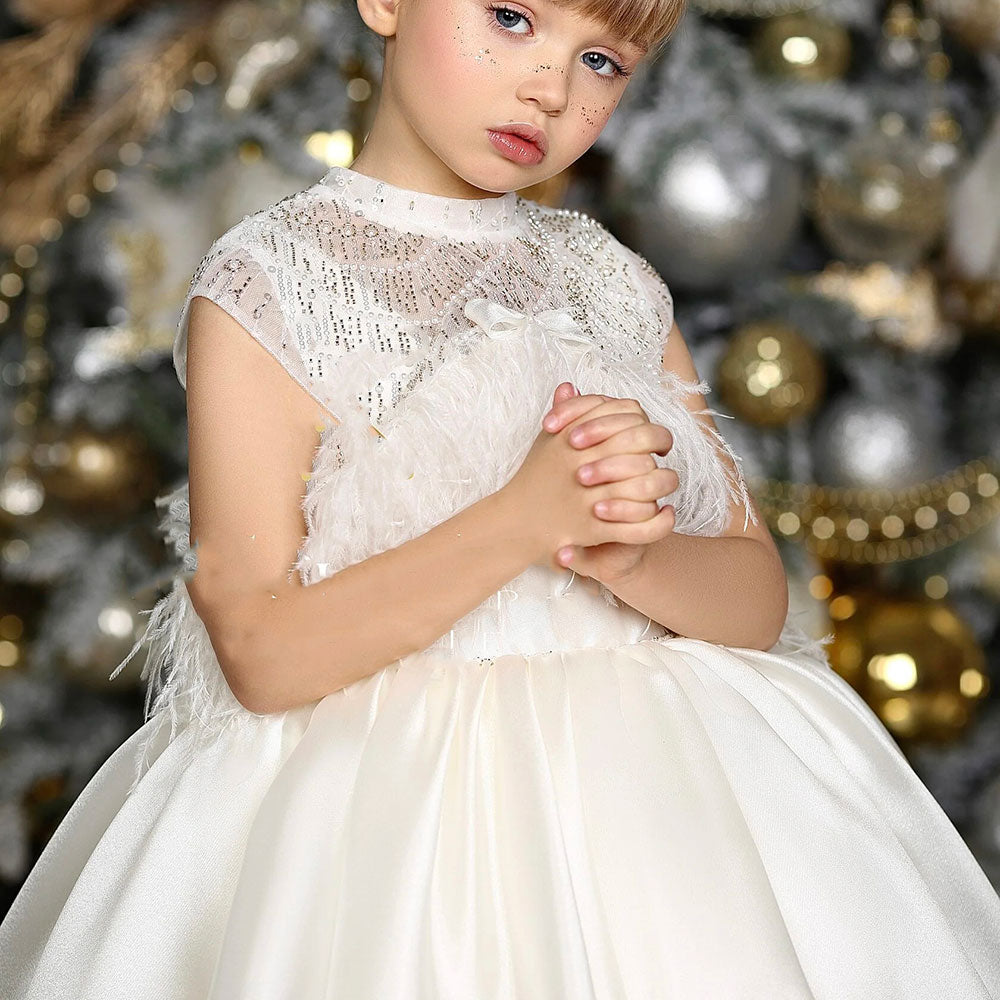 Jill Wish Luxury White Girl Dress Beads Feathers Kids for First Communion J398
