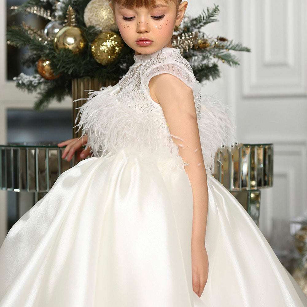 Jill Wish Luxury White Girl Dress Beads Feathers Kids for First Communion J398