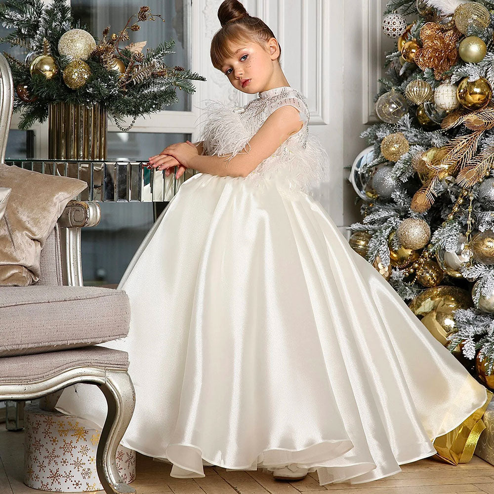 Jill Wish Luxury White Girl Dress Beads Feathers Kids for First Communion J398