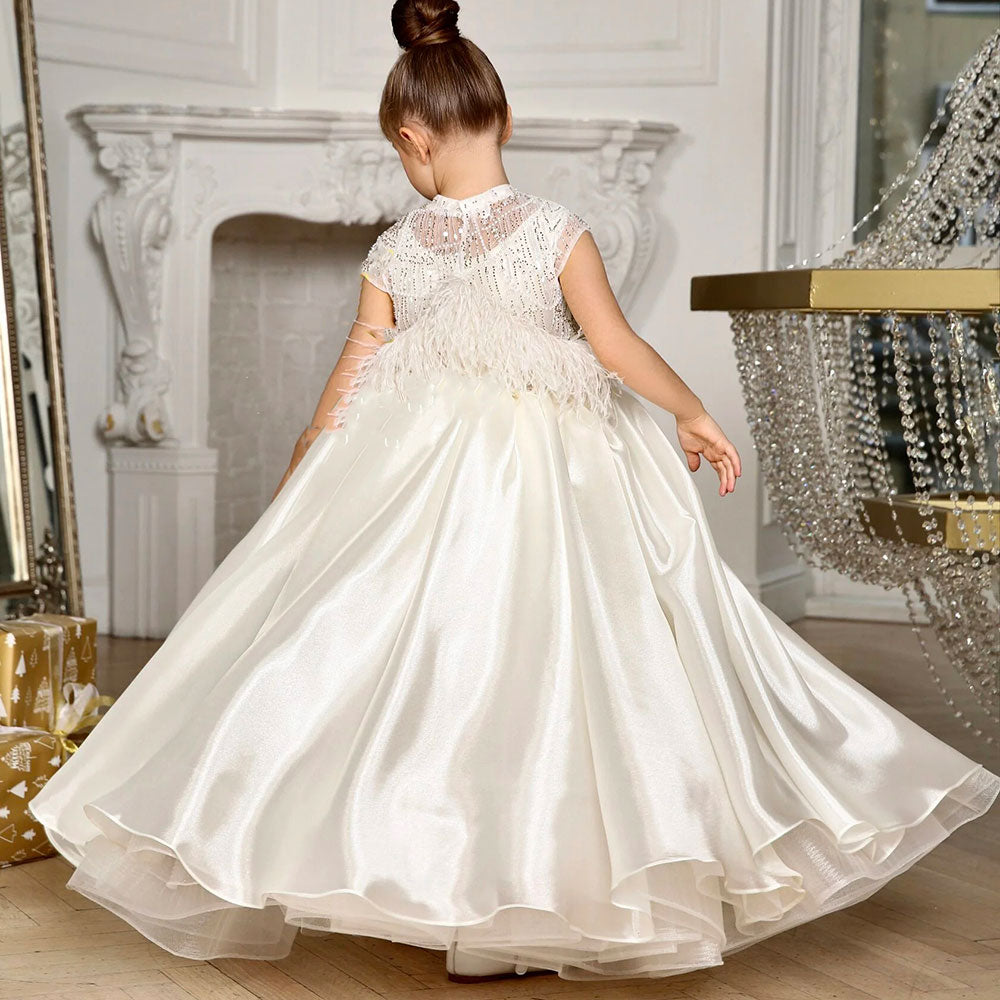 Jill Wish Luxury White Girl Dress Beads Feathers Kids for First Communion J398