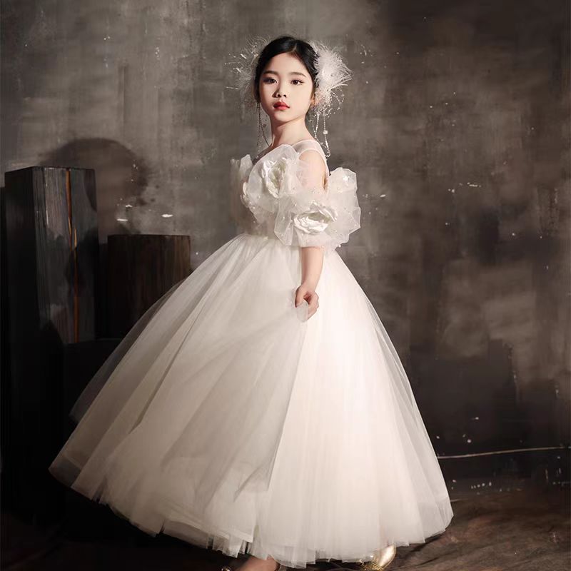 Jill Wish Luxury White Girl Dress Handmade Flowers Arabic Princess J005