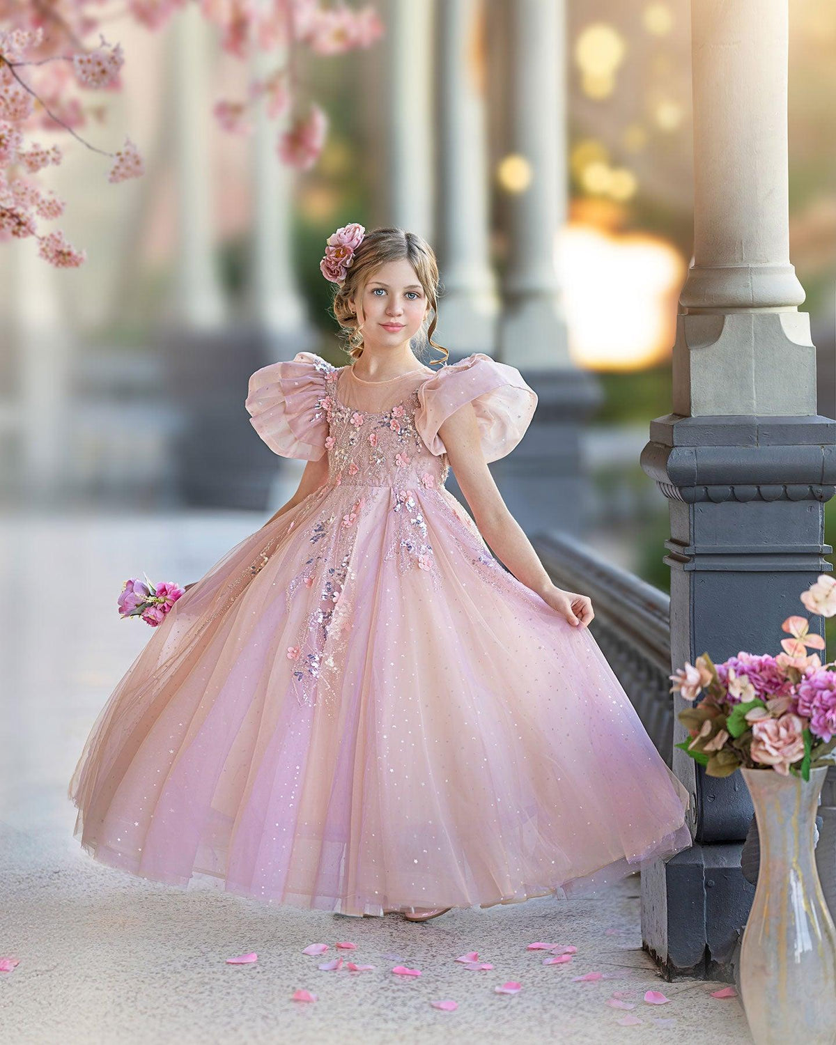 Jill Wish Pink Dubai Girl Dress 3D Flowers Arabic Princess Kids J384
