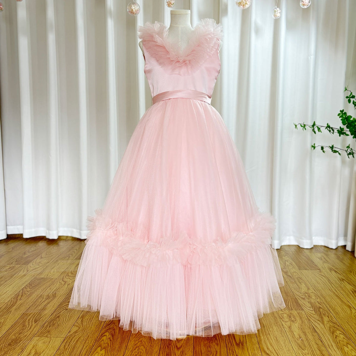 Jill Wish Pink Flower Girl Dress V-Neck Tiered Tulle for Birthday Party J116
