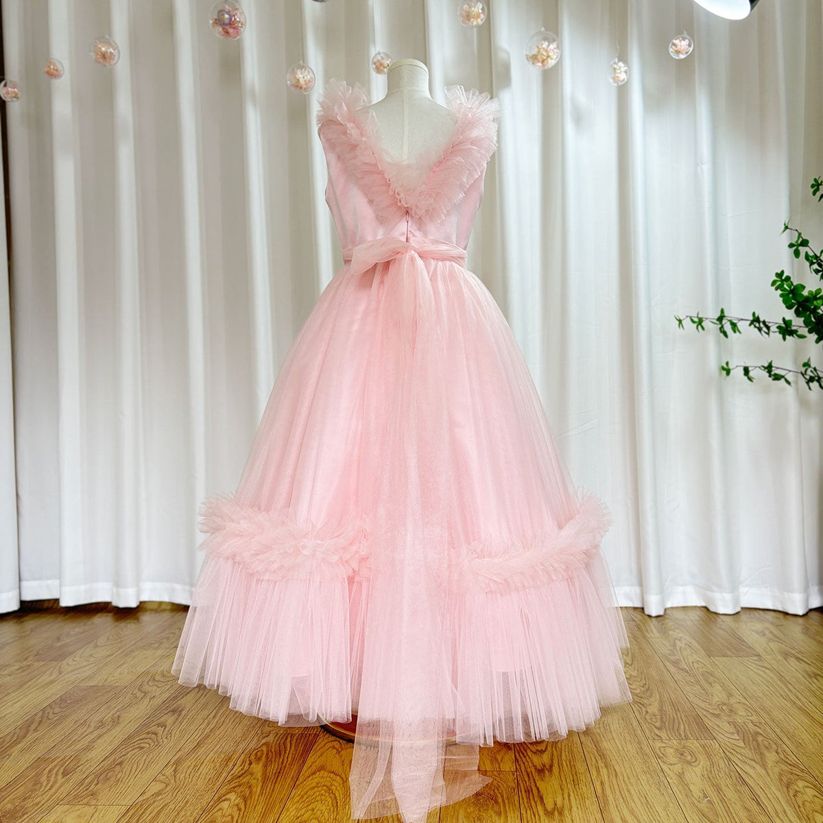 Jill Wish Pink Flower Girl Dress V-Neck Tiered Tulle for Birthday Party J116